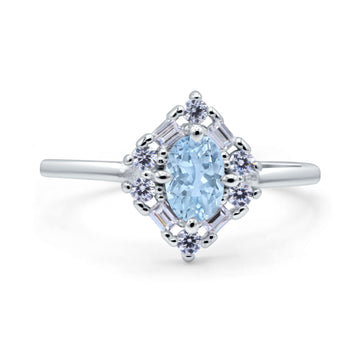 Art Deco Oval Wedding Bridal Ring Simulated Aquamarine CZ 925 Sterling Silver